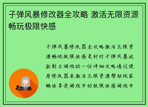 子弹风暴修改器全攻略 激活无限资源畅玩极限快感